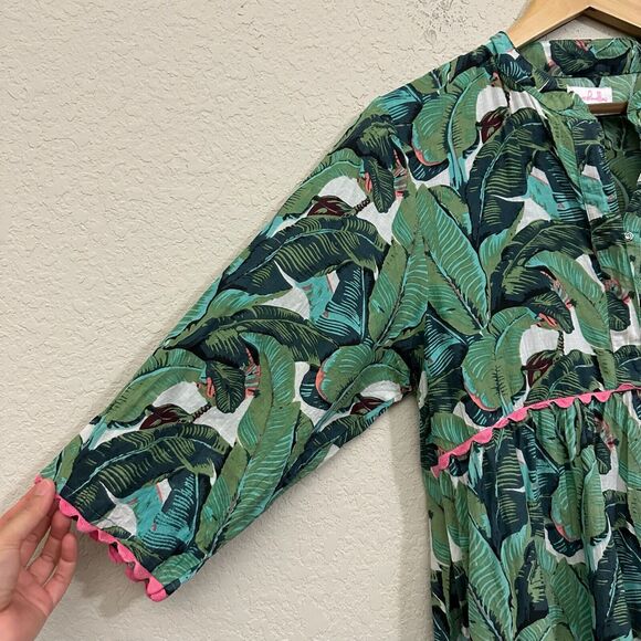 NWOT MARY MARSHMALLOW Tiered Mini Dress Henley in Green Palm Print - Picture 3 of 11